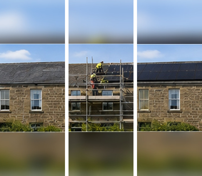Illustrative example of a solar installation on a Glasgow home, before, during and after